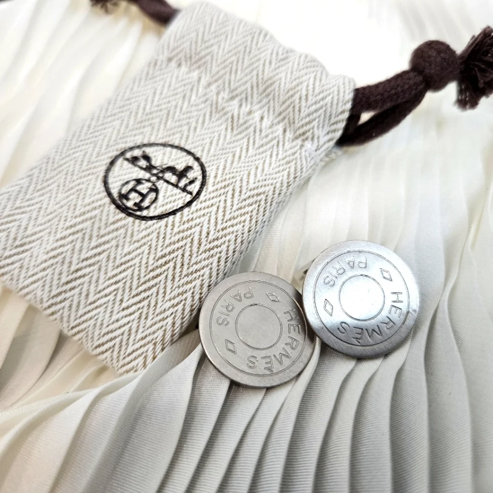Hermes Vintage Clou de Selle Button Clip Earrings Matte Silver
